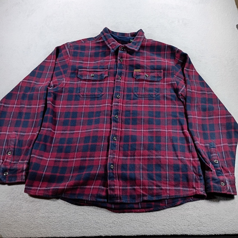 Orvis Mens Flannel Shirt Red Navy Plaid Large Heavyweight Button Down